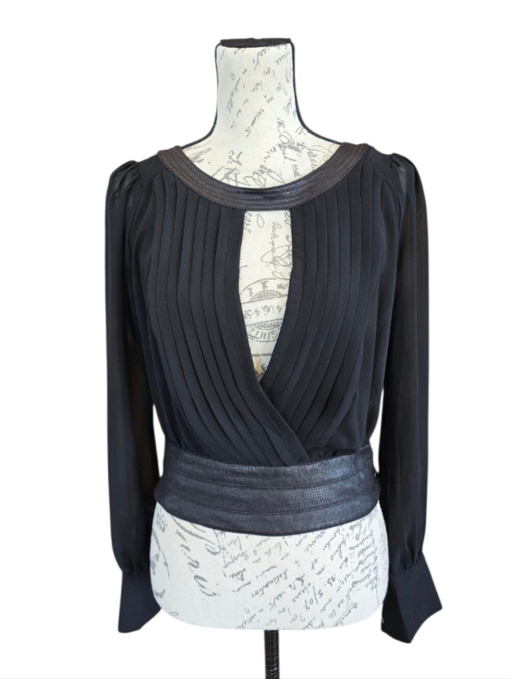 Double Zero Black Semi Sheer Long Sleeve Pleated Blouse S